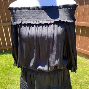 Do + Be black, off shoulder, tiered mini dress.